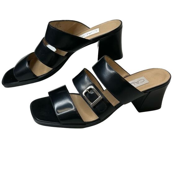 CALICO Black Leather Strappy Buckle Mule Sandals Size 7.5 - Picture 1 of 16